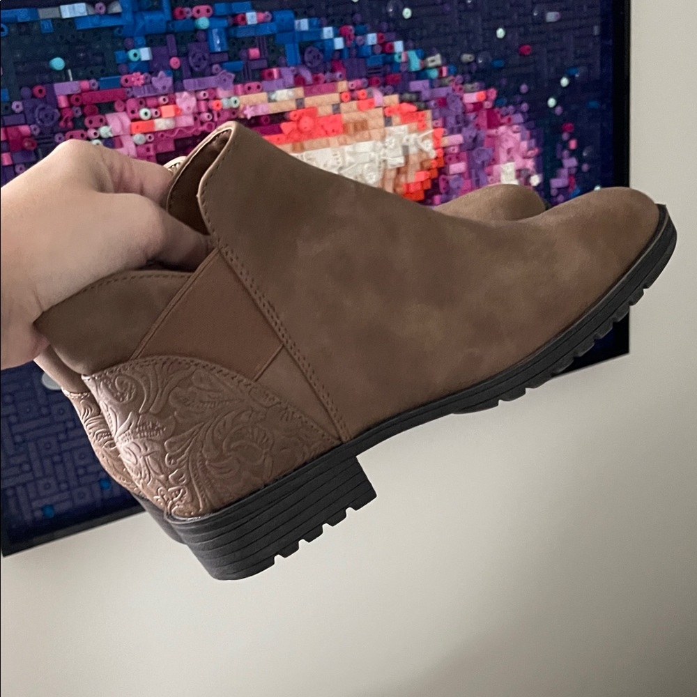 Kim Rogers Tan Ankle Booties with Embossed Detail